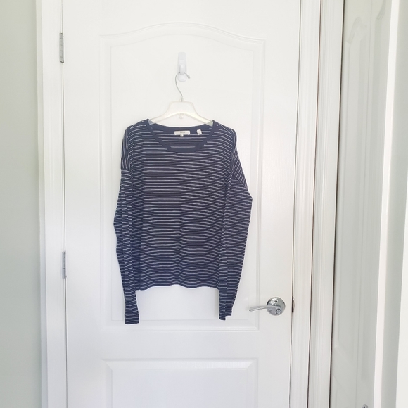 Vince Navy Blue Cotton Knit Striped Crew Neck Boxy Cut Long Sleeve T-Shirt S - Picture 2 of 12